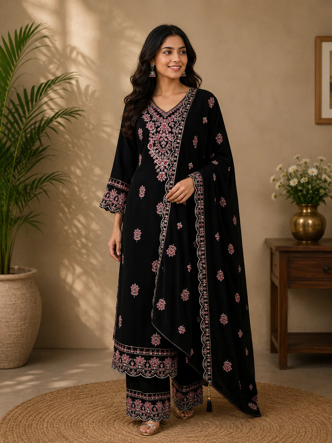 Dark Blue Floral Designed Velvet Salwar Suit